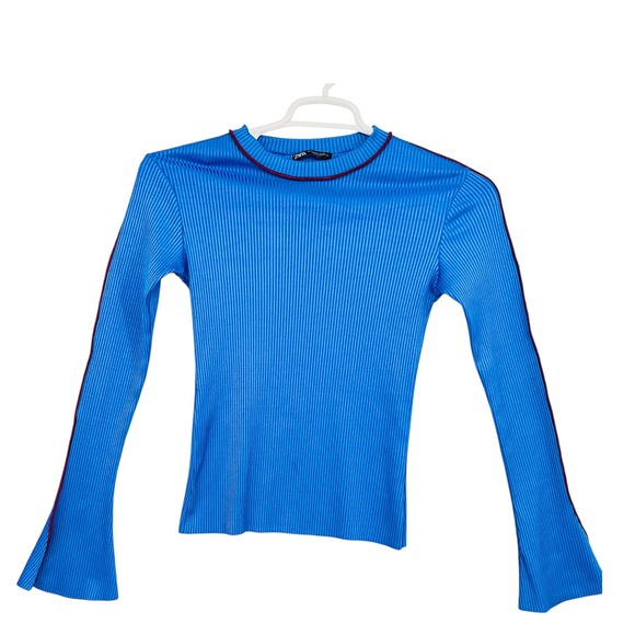 Zara Tops - Zara‎ Ribbed Knit Long Sleeve Top Electric Blue Burgundy Trim Flare Cuff M